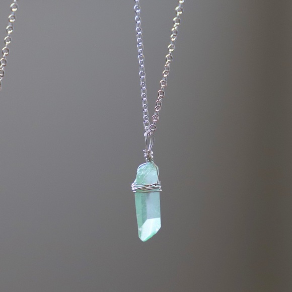 Silver Wrapped Green Quartz Crystal Necklace - Picture 3 of 4